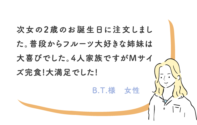 次女の2歳のお誕生日に注文しました。普段からフルーツ大好きな姉妹は大喜びでした。4人家族ですがMサイズ完食!大満足でした! B.T.様　女性