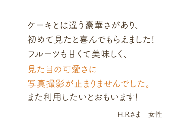 ケーキとは違う豪華さがあり、初めて見たと喜んでもらえました!フルーツも甘くて美味しく、見た目の可愛さに写真撮影が止まりませんでした。また利用したいとおもいます! H.Rさま　女性
